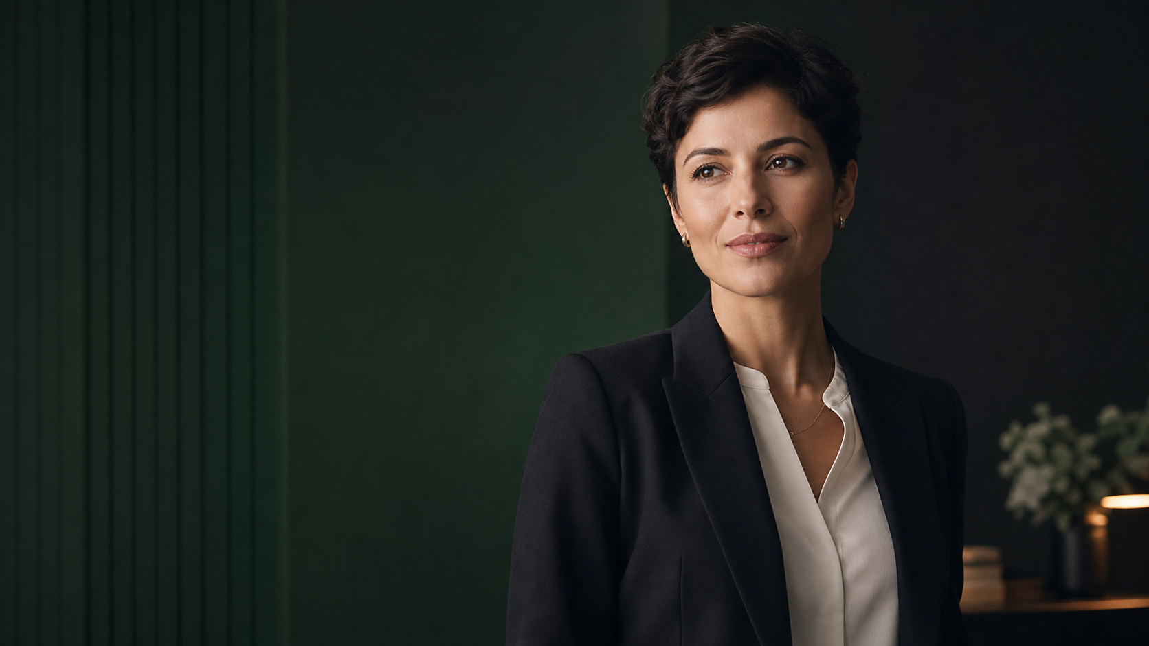 Fiktive Geschäftsfrau vor einem dunkelgrünen Studiohintergrund